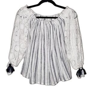 Sundance Quiet Allure Cotton Boho Eyelet Tassle Top Cream Navy sz S